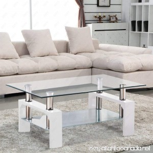SUNCOO Coffee End Side Table with Shelves Living Room Furniture Rectangle Shape Clear Glass Top&Glossy White Finih Legs - B01L8LFGG2