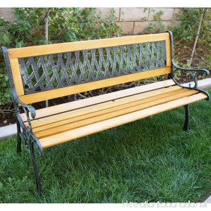 Belleze Outdoor Garden Bench Path Porch Patio Seat Cast Iron Hardwood - B01H0V23AQ