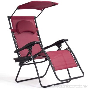 Red Wine Foldable Recliner Lounge Chair Zero Gravity Fabric Seat w/Shade Canopy & Removable Cup Holder - B07CT2MRKF